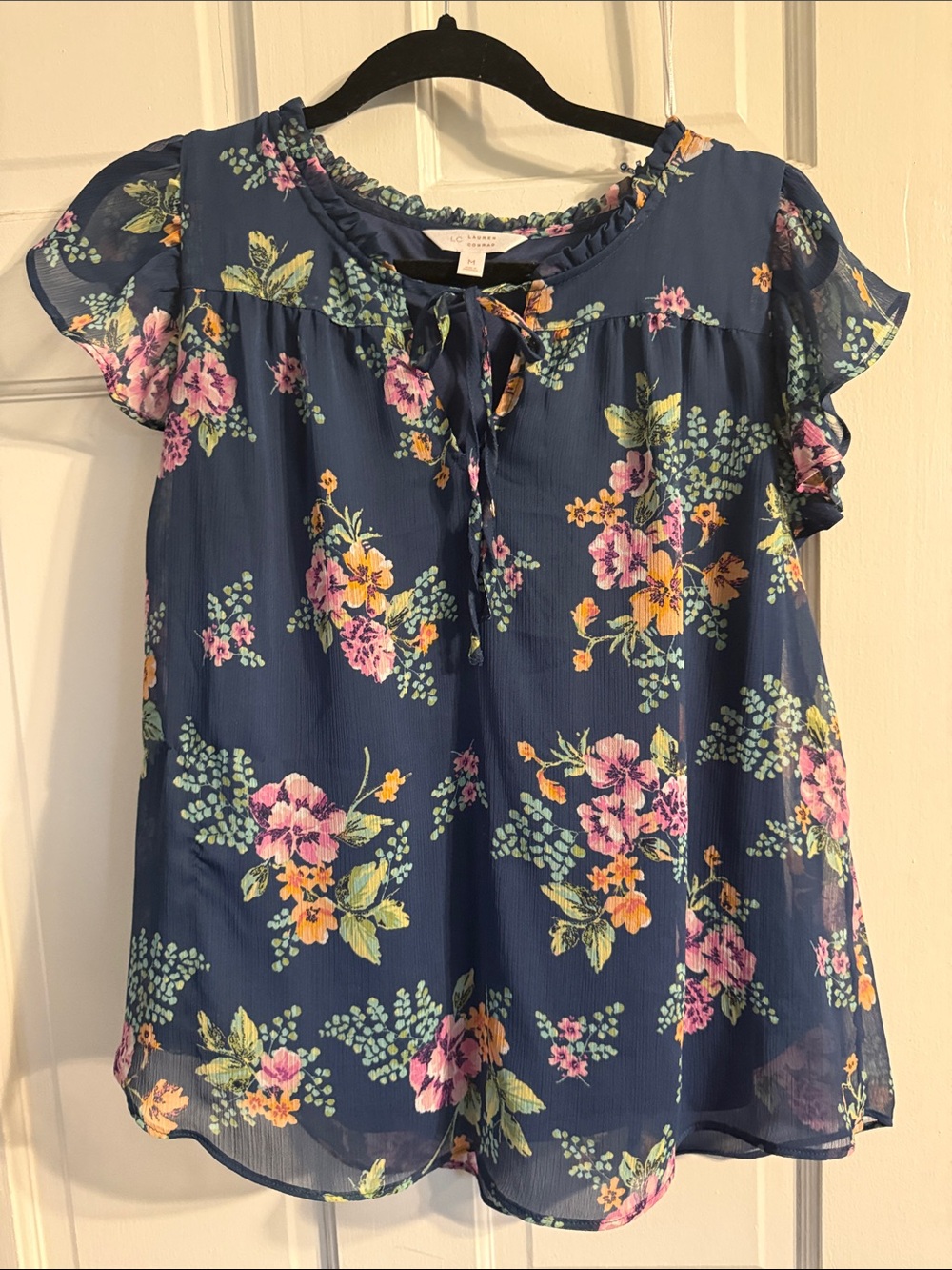 LC Lauren Conrad Navy Floral Tie-Neck Blouse